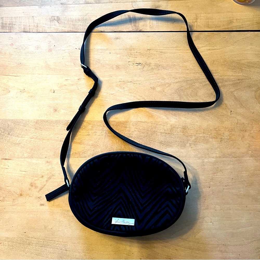 Vera Bradley Zebra Flock Crossbody Double Zip Small Round Purse Black Solid NWOT